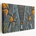 Side view of a stretched canvas featuring an abstract church design in muted earth tones, suitable for kitchen wall art.