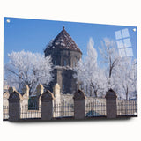 Acrylic print of a large abstract mosque, featuring cool blue and silver tones, ideal for modern dining room decor.