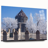 Large abstract wall art of a mosque design in muted gray and blue tones on acrylic glass.