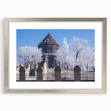 Abstract art print of a mosque silhouette in silver and gray tones, framed with a silver mat.