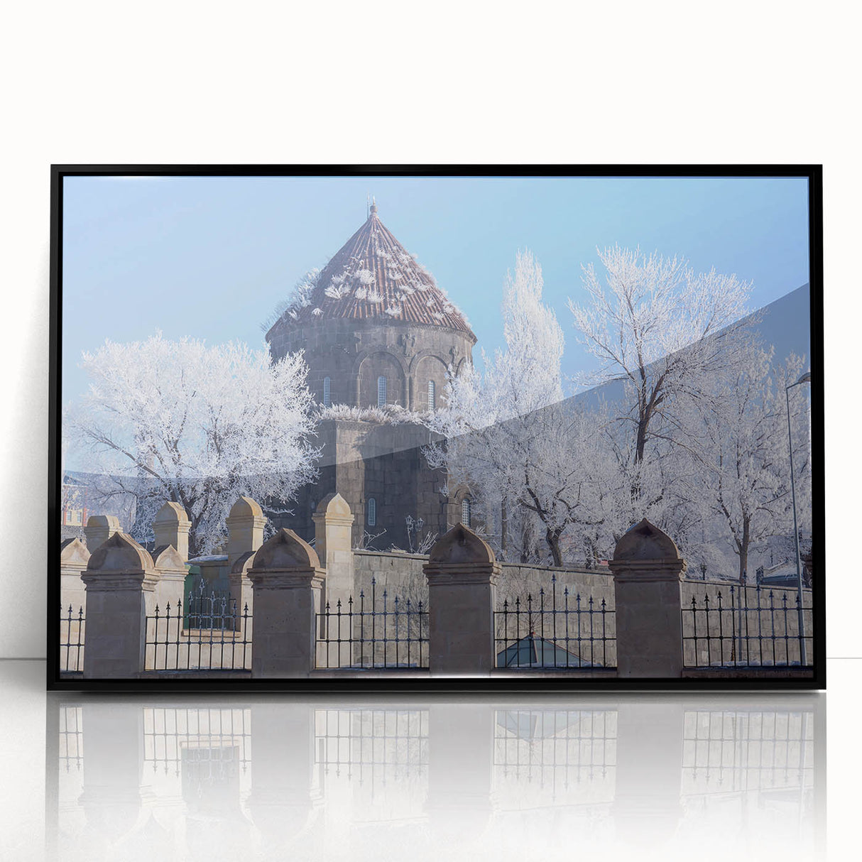 Large abstract wall art of a mosque in muted earth tones on black framed acrylic, suitable for modern living room decor.
