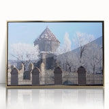 Mid-century modernist art of a mosque in gold and teal hues on framed acrylic, ideal for nursery wall decor.