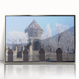 Art Deco style mosque illustration in silver frame, featuring geometric patterns and soft gray tones.