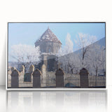 Mid-century modernist mosque design in muted blues and whites on a framed acrylic, ideal for modern art wall decor.