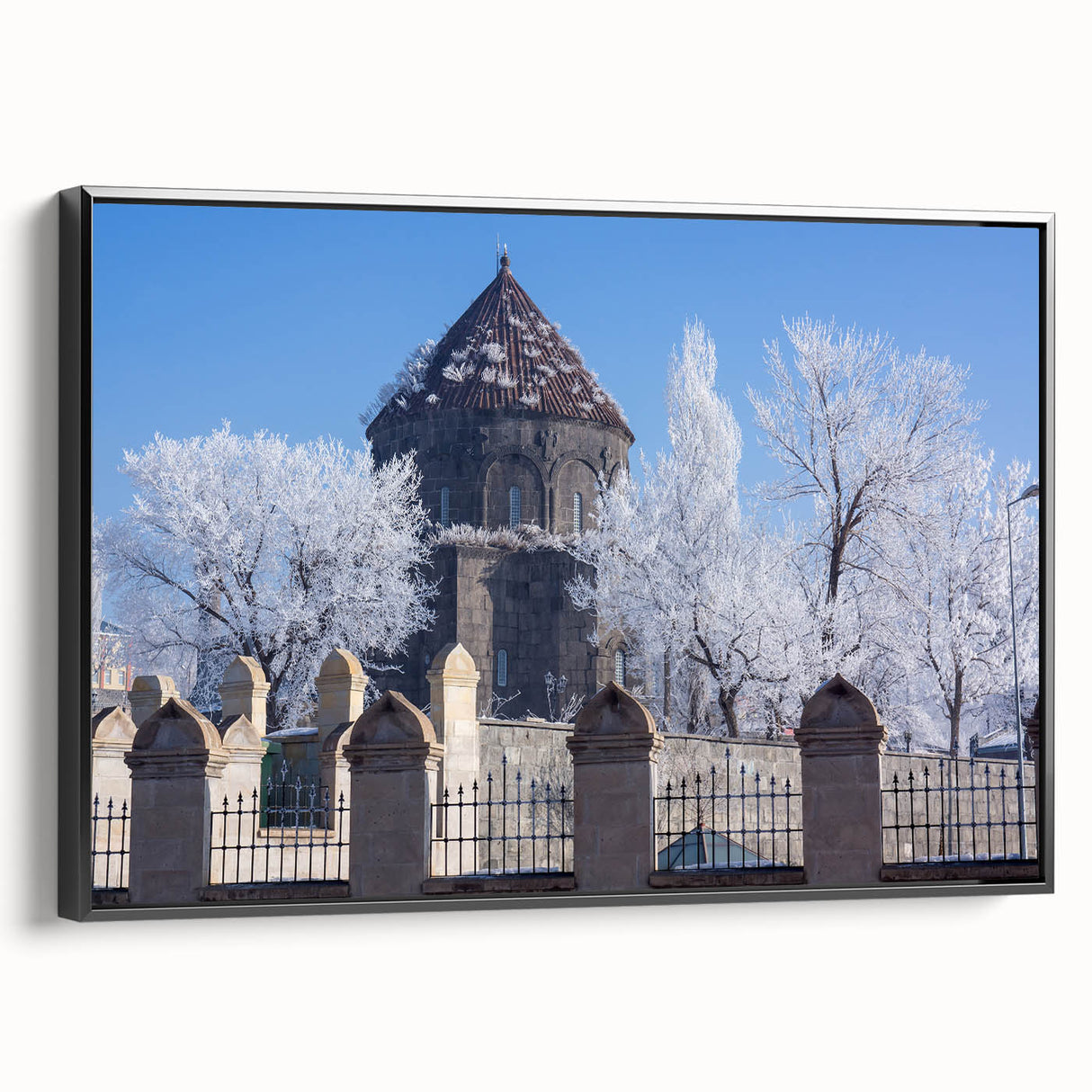 Black and white framed canvas featuring a vintage poster art style mosque landscape, ideal for bedroom wall decor.