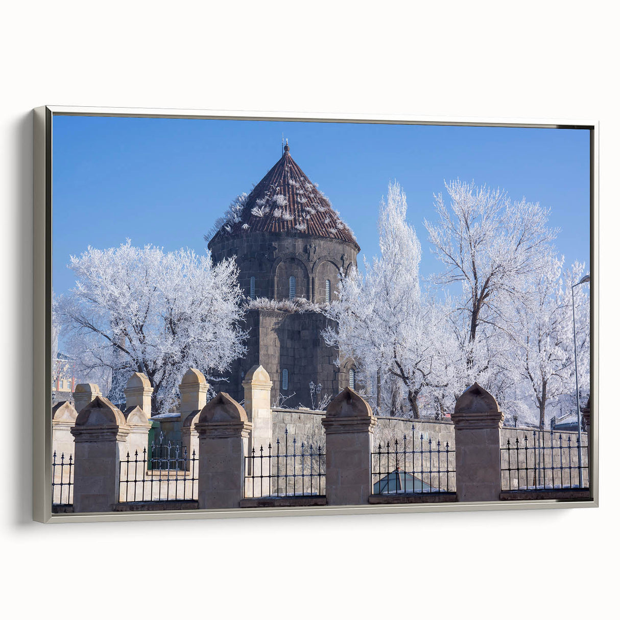 Vintage poster art of a mosque in colorful hues on a large black framed canvas, suitable for living room decor.