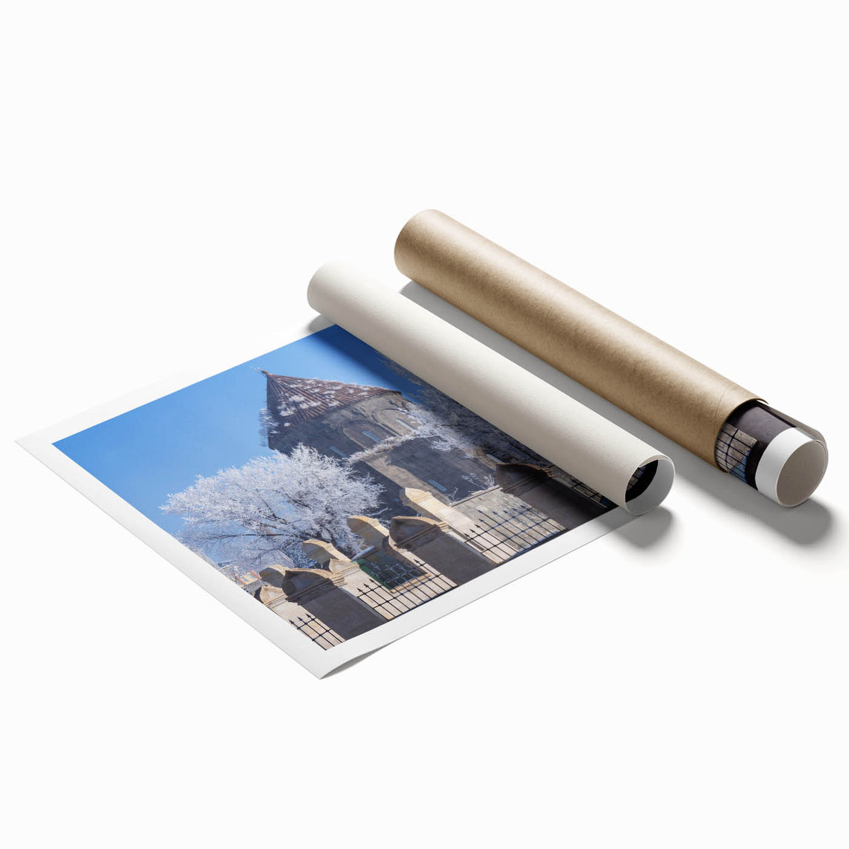 Extra large rolled print of a mosque design with floral elements in soft pastel shades, suitable as classy bathroom wall art.