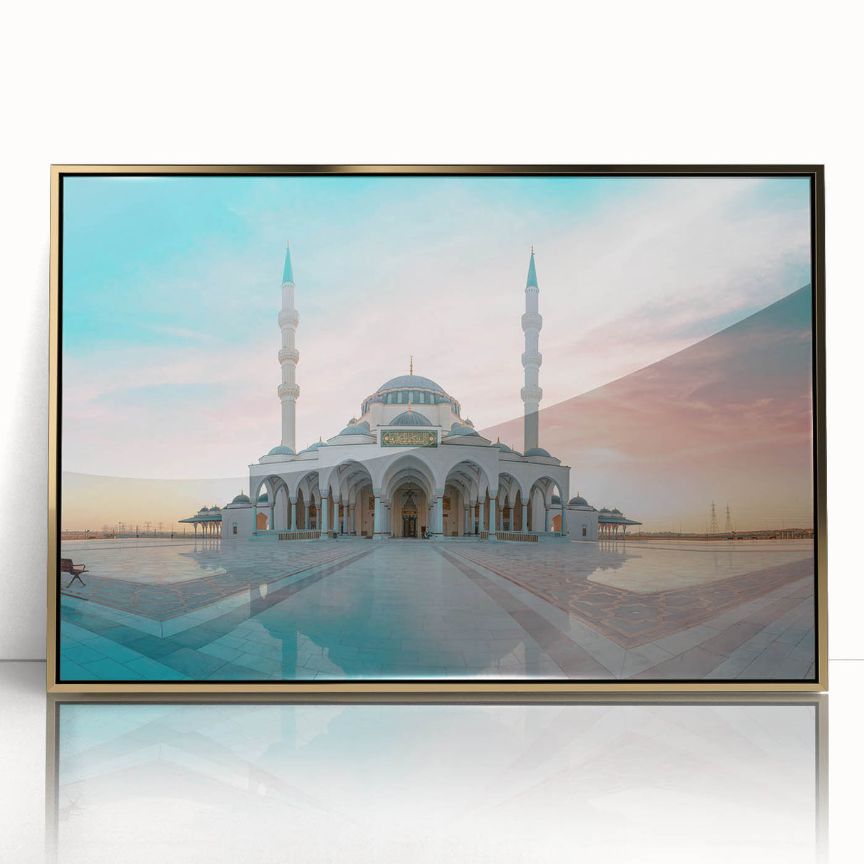 Mid-century modernist mosque design in gold and teal tones on a framed acrylic, ideal for nursery wall art.
