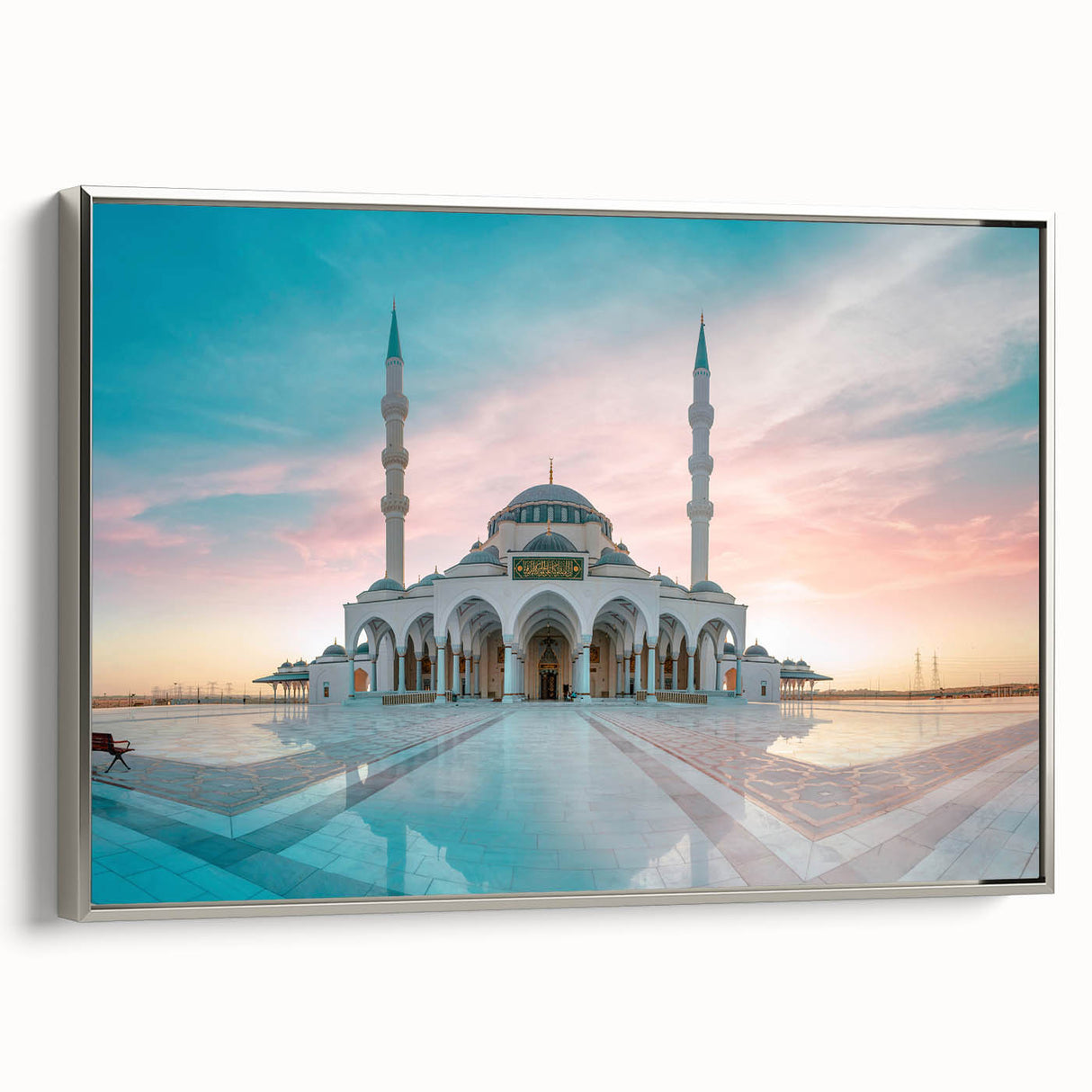 Vintage poster art of a mosque in colorful hues on a large framed canvas, ideal for living room decor.