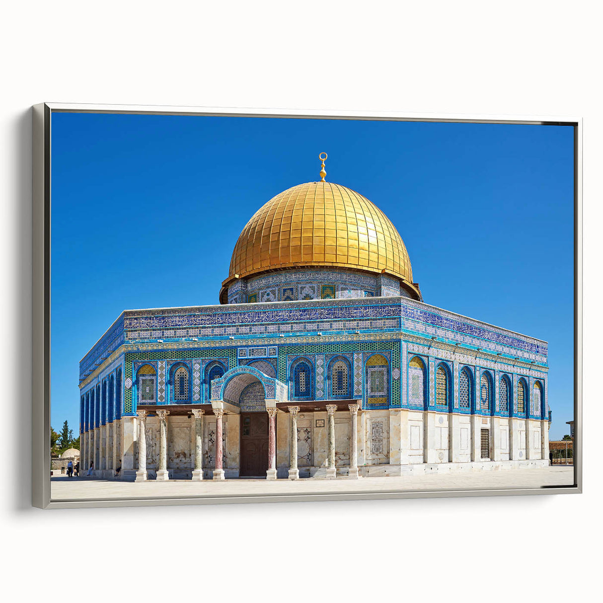 Vintage poster art of a mosque in vibrant colors on a large framed canvas, suitable for living room decor.