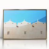 Mid-century modernist art of a mosque in acrylic, featuring gold and blue tones, ideal for nursery wall art.