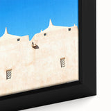 Extra large black wall art featuring a colorful, textured mosque design on framed canvas, suitable for living room decor.