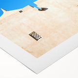 Art deco poster of a mosque in muted gold and blue tones on rolled canvas, suitable for dining room wall art.