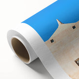 Art Deco style mosque illustration in soft pastel hues on rolled canvas, ideal for nursery wall art.