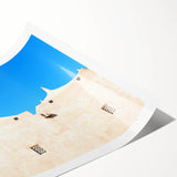 Extra large rolled print of a mosque with intricate floral designs in muted earth tones.