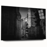 Large abstract wall art on acrylic glass depicting a mosque, in soft blue and gray tones.