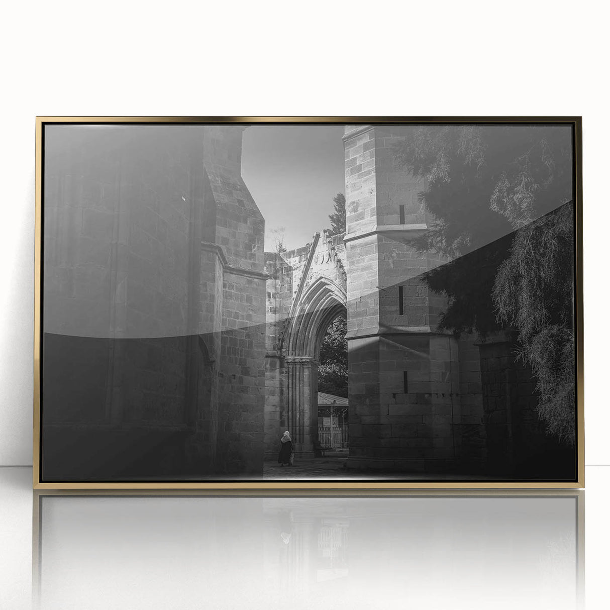 Mid-century modernist art of a mosque in gold and blue tones on a framed acrylic, ideal for nursery wall art.