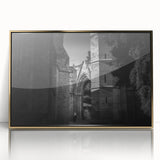 Mid-century modernist art of a mosque in gold and blue tones on a framed acrylic, ideal for nursery wall art.