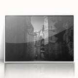 Mid-century modernist style mosque illustration in muted blue and white tones on a framed acrylic.