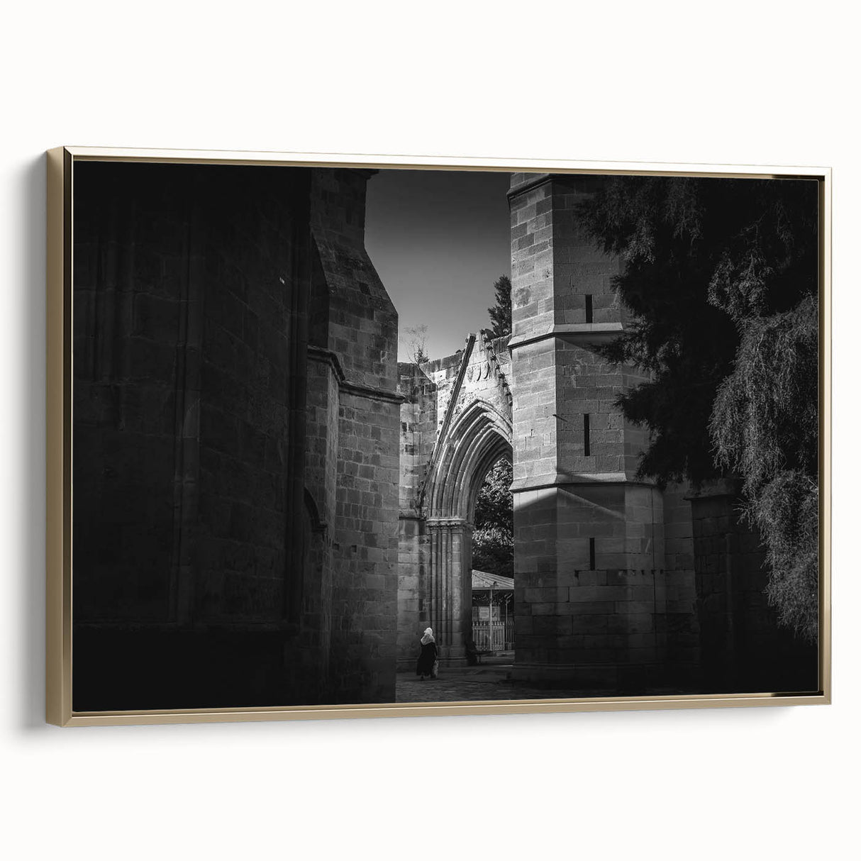 Framed canvas landscape art of a mosque in colorful tones, ideal for adding a vibrant touch to any living space.