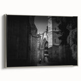 Vintage poster art of a mosque design on a framed canvas with a silver side view, featuring black and colorful art.