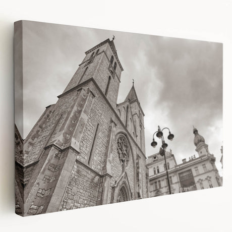 Side view of a large stretched canvas featuring a detailed mosque design in earthy tones, suitable for kitchen wall art.