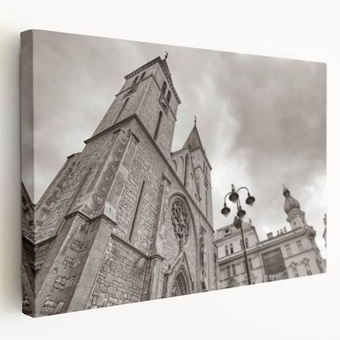 Side view of a large stretched canvas featuring a detailed mosque design in earthy tones, suitable for kitchen wall art.