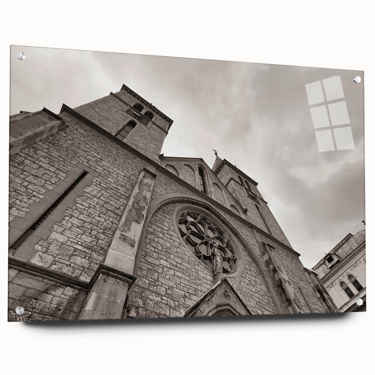 Acrylic print of a large abstract mosque design in muted gold and white, ideal for bedroom or dining room decor.
