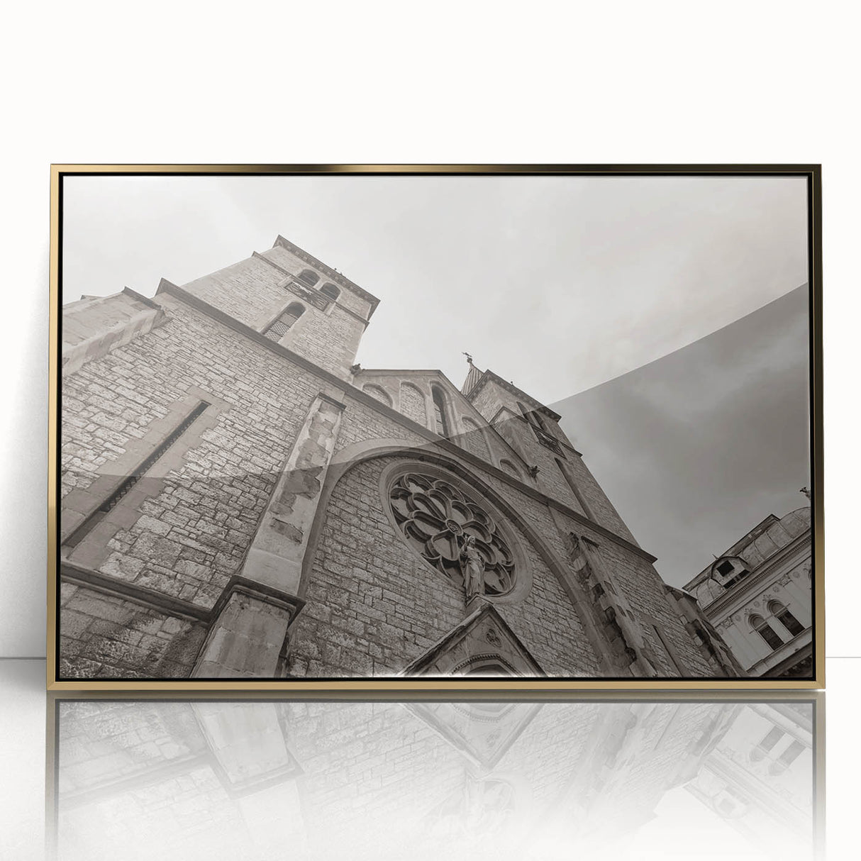 Mid-century modernist art of a mosque in gold and white tones, acrylic framed, ideal for nursery wall decor.