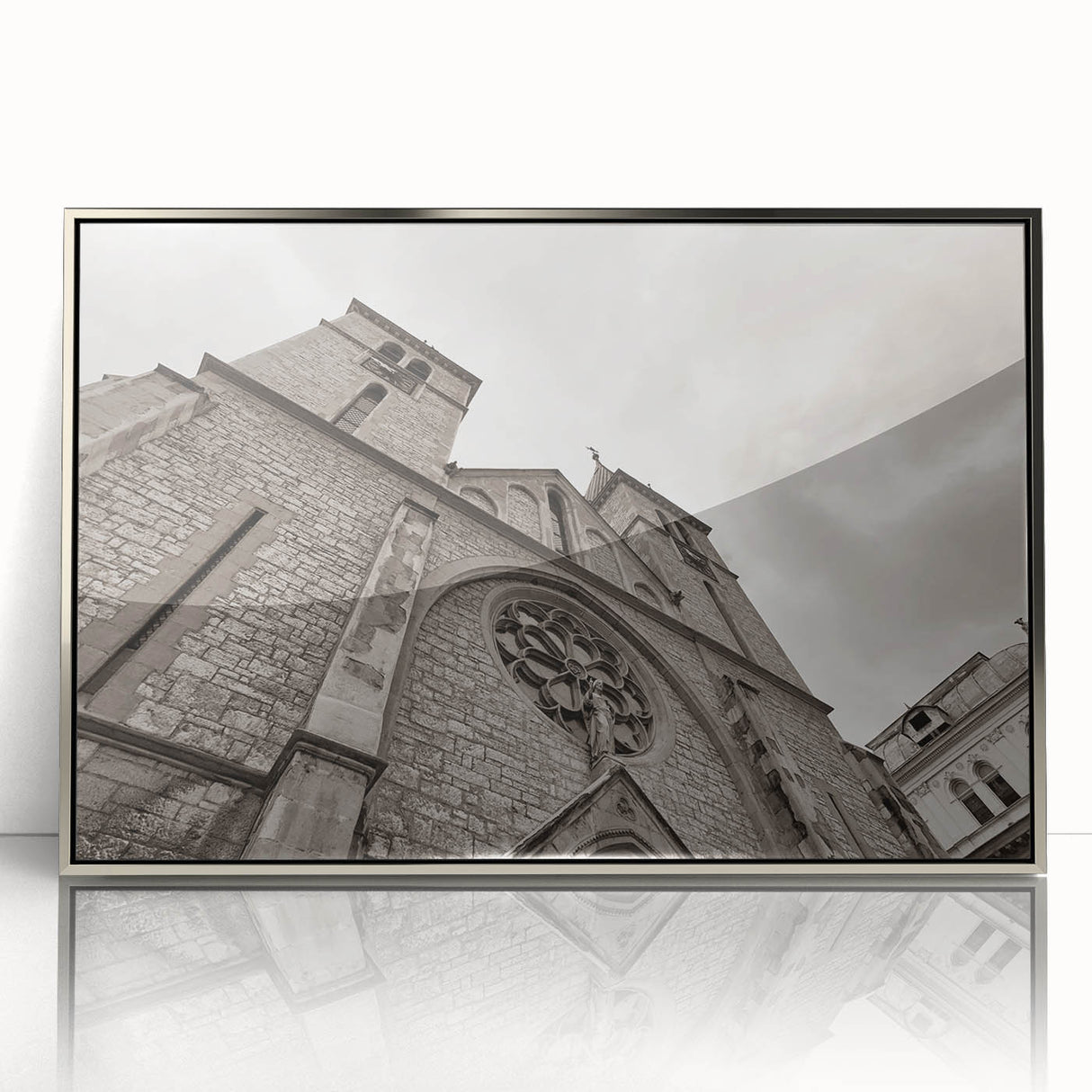 Art deco-style mosque depicted in muted silver and grey tones on a framed acrylic, ideal for modern nursery wall decor.