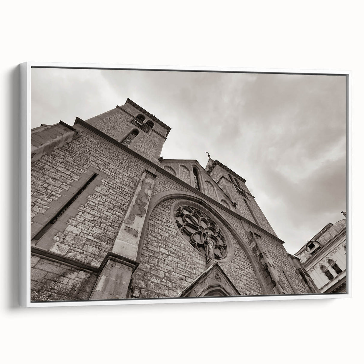 Framed canvas of a vintage mosque landscape in muted black and white, ideal for bedroom wall art.