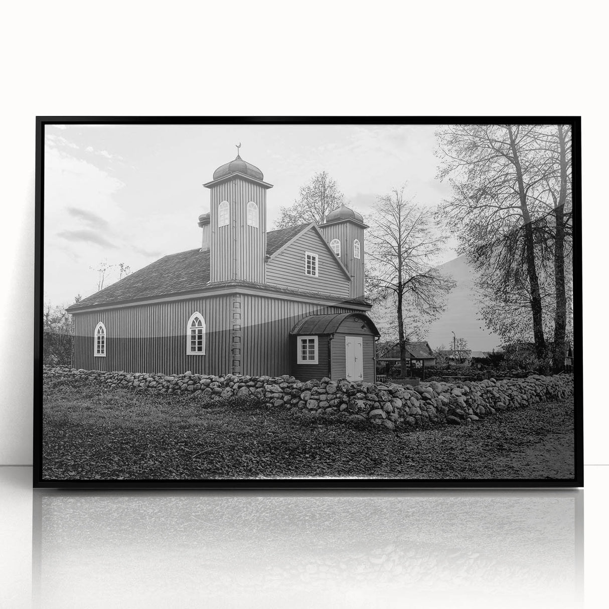 Large abstract wall art depicting a mosque in black and white tones on a framed acrylic, suitable for modern home decor.