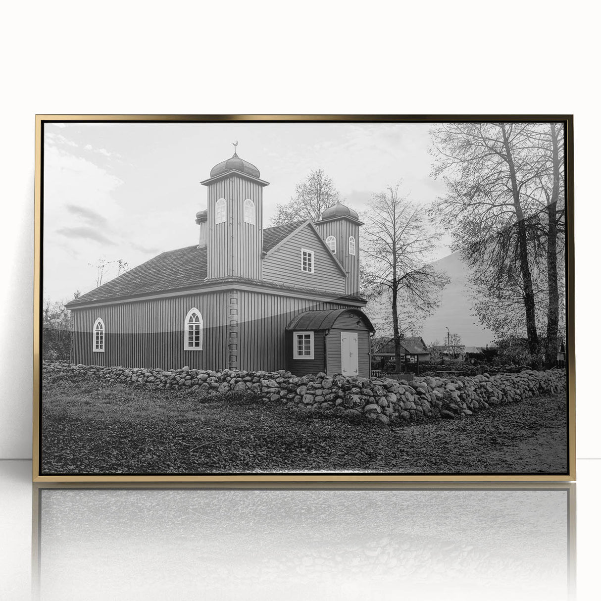 Mid-century modernist art of a mosque in acrylic, with gold tones, framed, ideal for nursery wall decor.
