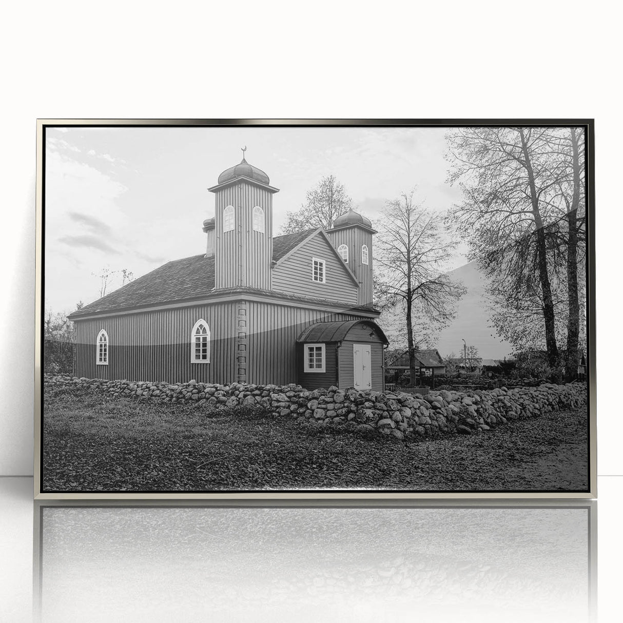 Art Deco poster of a mosque in silver and blue tones on acrylic, ideal for modern nursery wall art.
