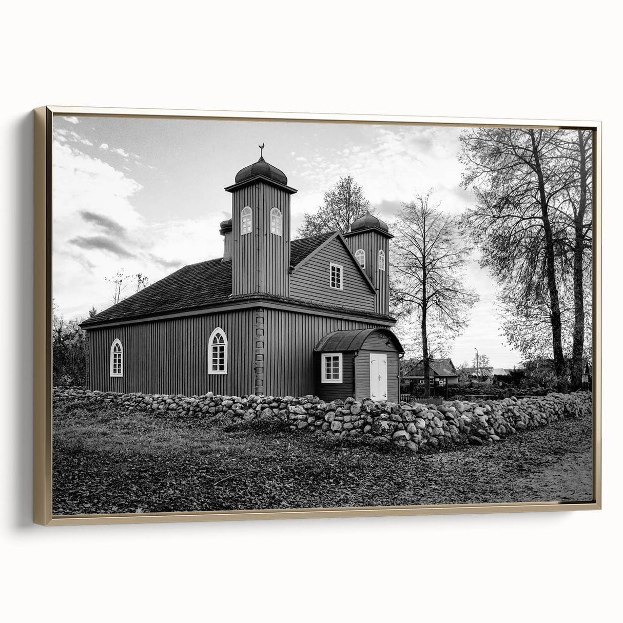 Landscape art painting of a mosque in colorful hues on a black background, framed canvas, ideal for living room decor.