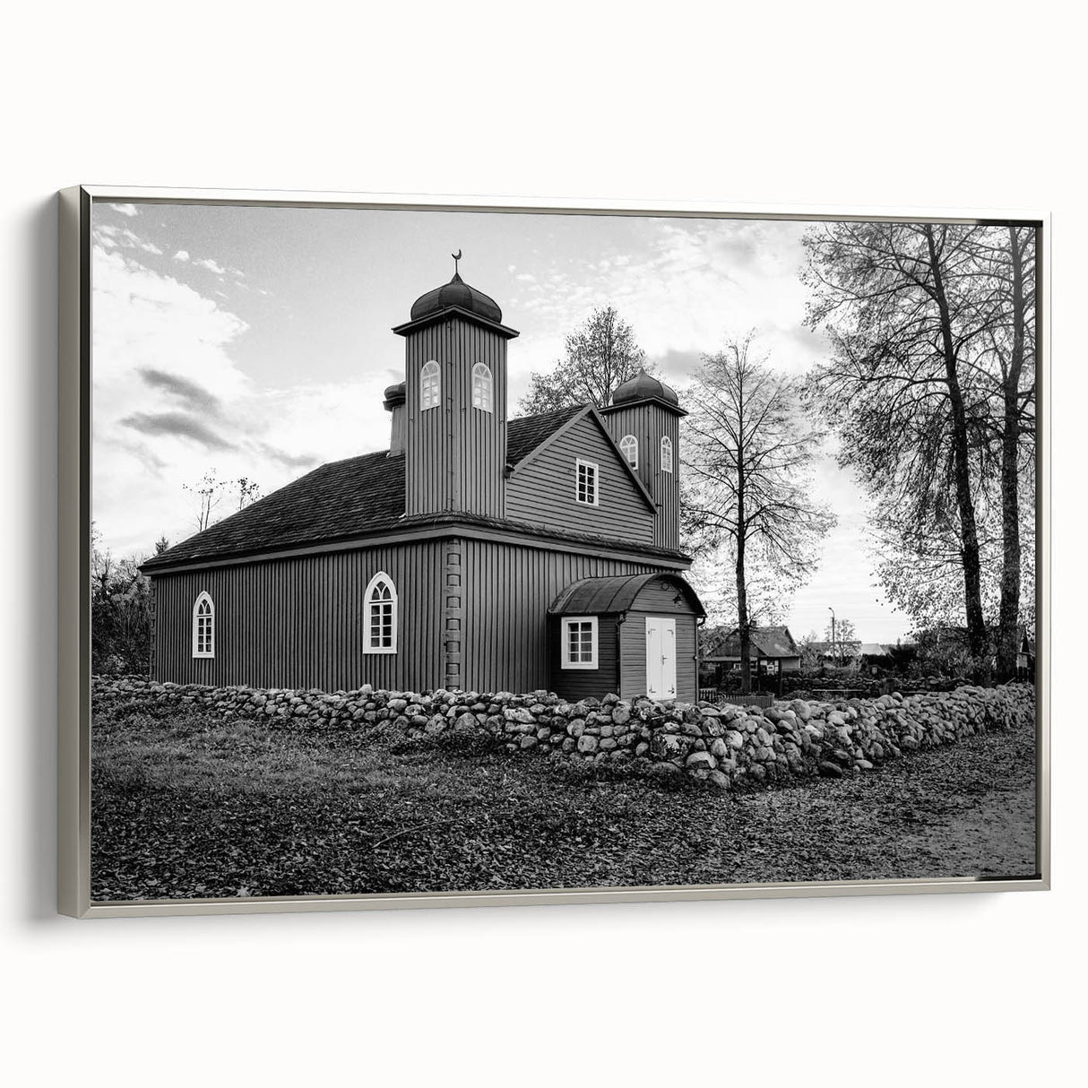 Vintage poster art of a mosque in colorful hues on black background, framed canvas, ideal for living room decor.