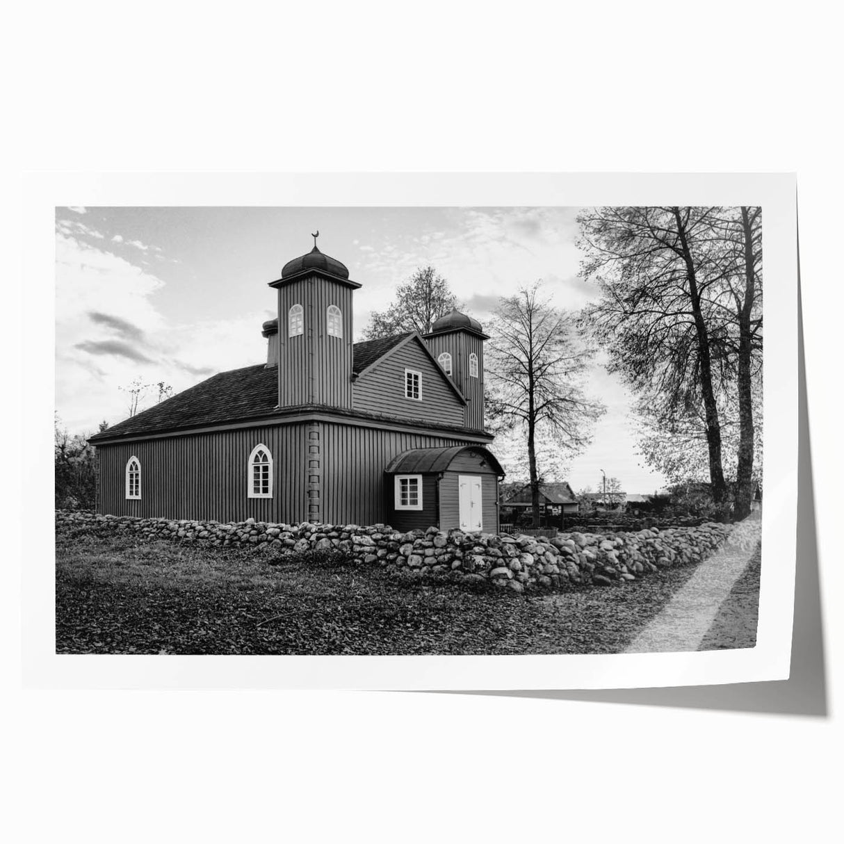 Extra large rolled print of a mosque with floral designs in soft pastel shades.