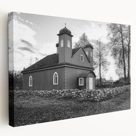 Large canvas print of a mosque design in subtle gray and blue tones, ideal for kitchen wall art.