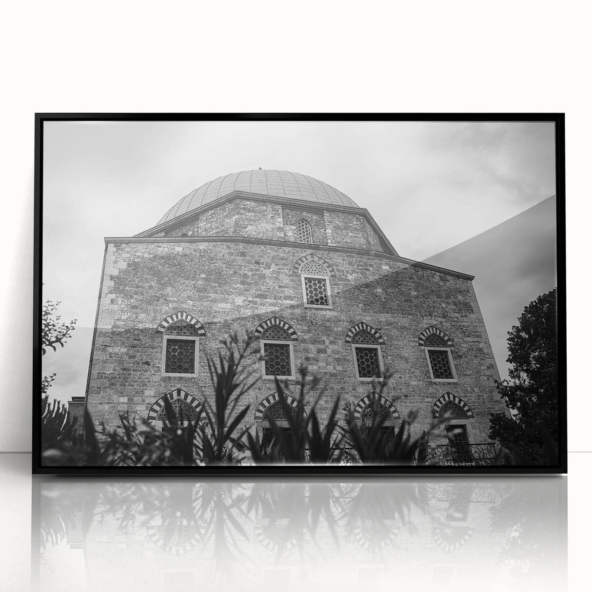 Large abstract wall art depicting a mosque in muted earth tones on a framed acrylic, suitable for modern living room decor.