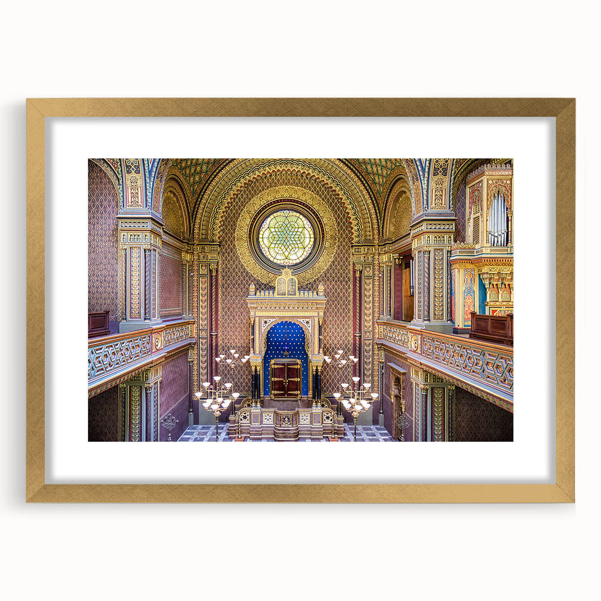 Abstract textured art print of a synagogue, featuring earthy tones on a gold-framed mat, ideal for bedroom art.
