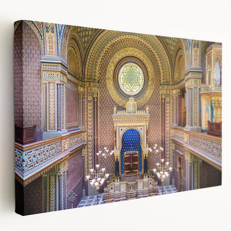 Large art on stretched canvas featuring a detailed synagogue design in muted earth tones, ideal for kitchen wall art.