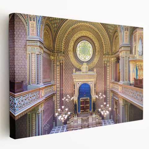 Large art on stretched canvas featuring a detailed synagogue design in muted earth tones, ideal for kitchen wall art.
