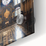 Large abstract wall art of a synagogue in mid-century modernist style with muted earth tones on acrylic glass.