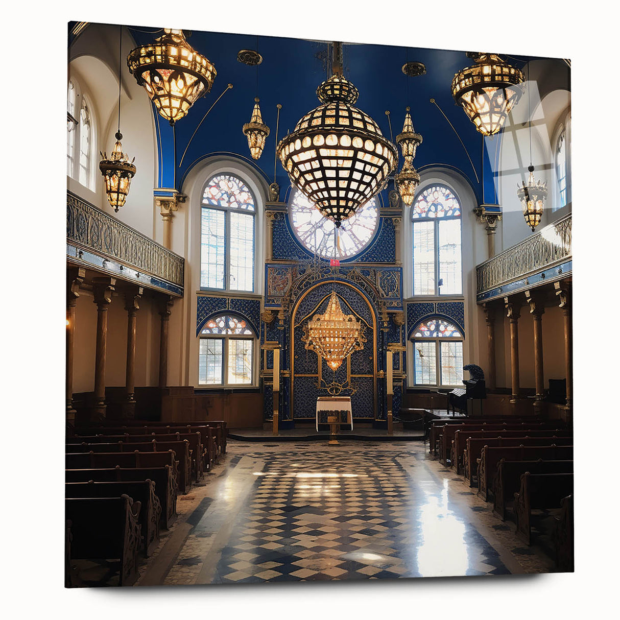 Acrylic print of a large abstract synagogue design in muted grays and blues, ideal for bedroom or dining room art.