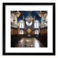 Abstract art print of a synagogue in vibrant, colorful textures on a large framed canvas, ideal for living room decor.