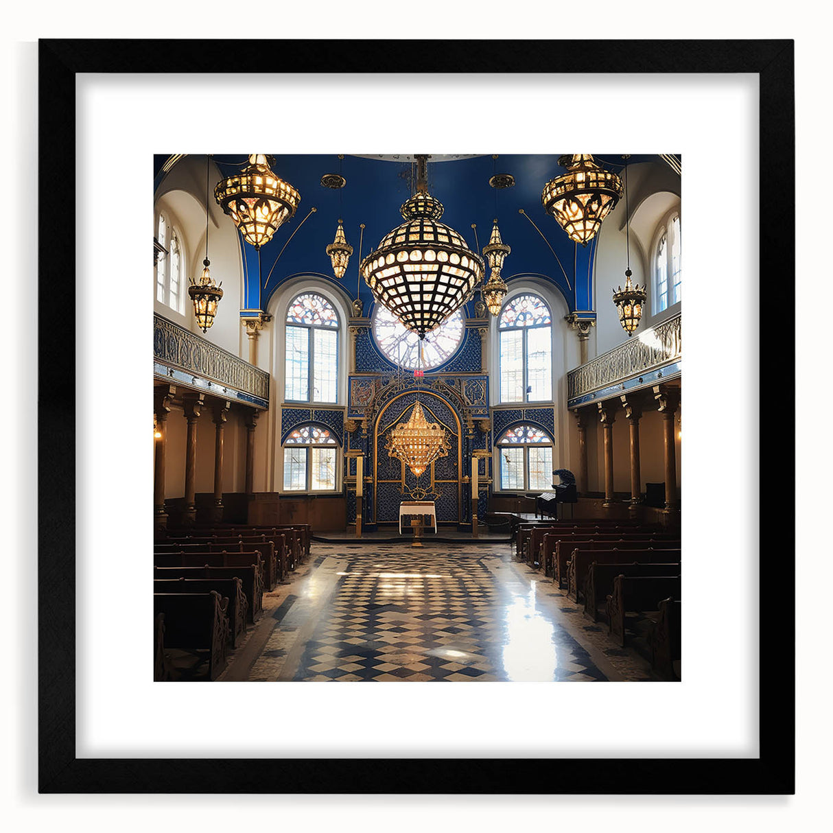 Abstract art print of a synagogue in vibrant, colorful textures on a large framed canvas, ideal for living room decor.