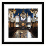 Abstract art print of a synagogue in vibrant, colorful textures on a large framed canvas, ideal for living room decor.