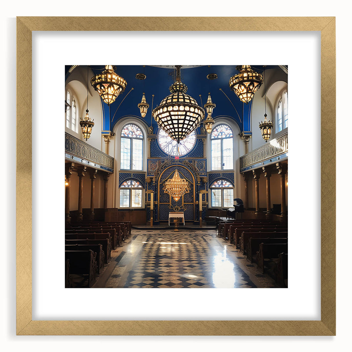 Textured abstract art print of a synagogue in muted gold and brown tones on a framed canvas, suitable for bedroom decor.