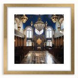 Textured abstract art print of a synagogue in muted gold and brown tones on a framed canvas, suitable for bedroom decor.