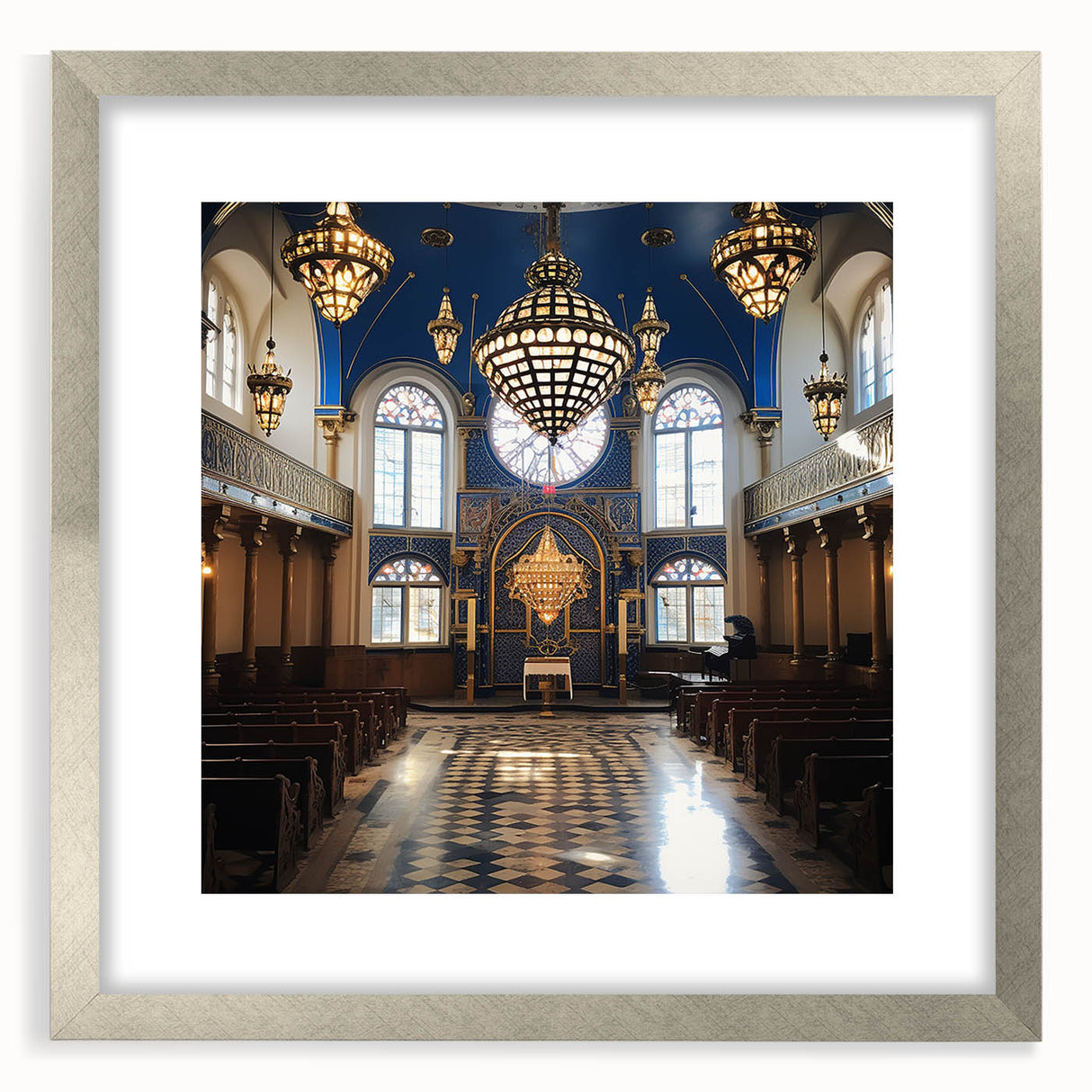 Abstract art print of a synagogue in muted gold and silver tones on a framed canvas, suitable for dining room decor.